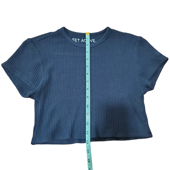 SET Active Navy Blue Waffle Short Sleeve Crop Top Small Short Sleeve Shirt - Picture 11 of 11